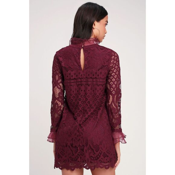 NWT Lulus Burgundy Maroon Lace Mini Dress Chiffon Ruffle & Collar Detail Size‎ S - Picture 4 of 12